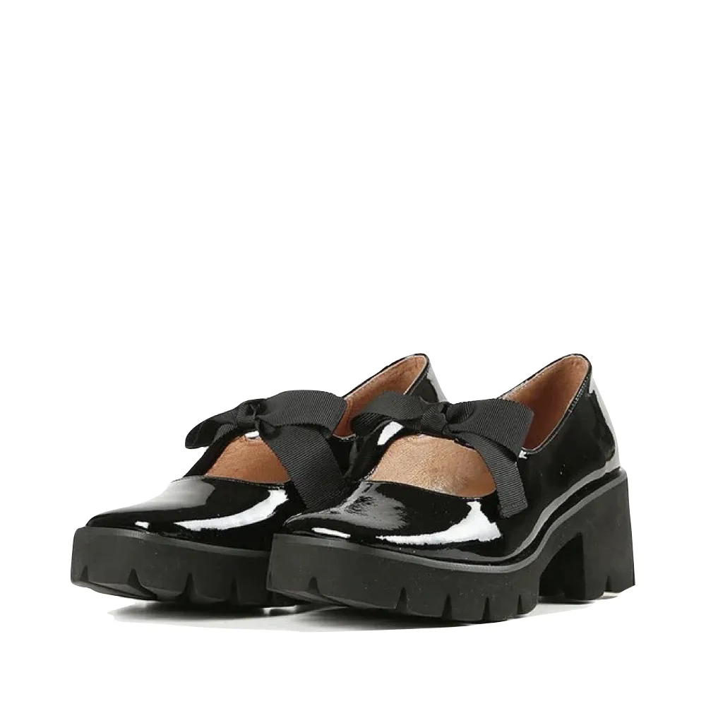 ALL BLACK Chaussures Femme Mary Jane à Bout Fermé avec Nœud et Semelle Compensée en Cuir Verni Noir