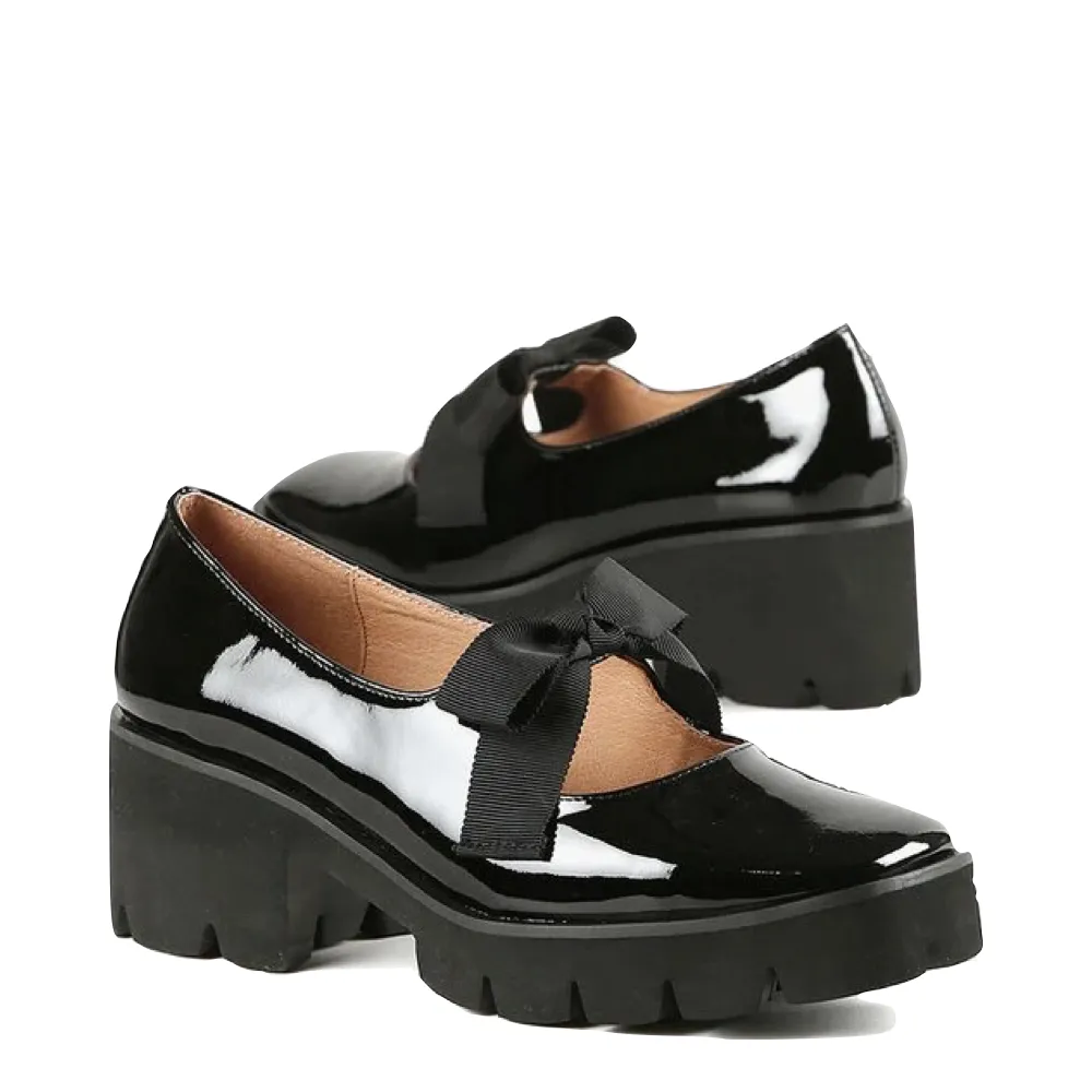 ALL BLACK Chaussures Femme Mary Jane à Bout Fermé avec Nœud et Semelle Compensée en Cuir Verni Noir