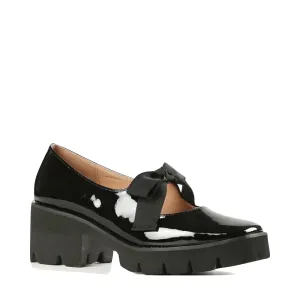 ALL BLACK Chaussures Femme Mary Jane à Bout Fermé avec Nœud et Semelle Compensée en Cuir Verni Noir
