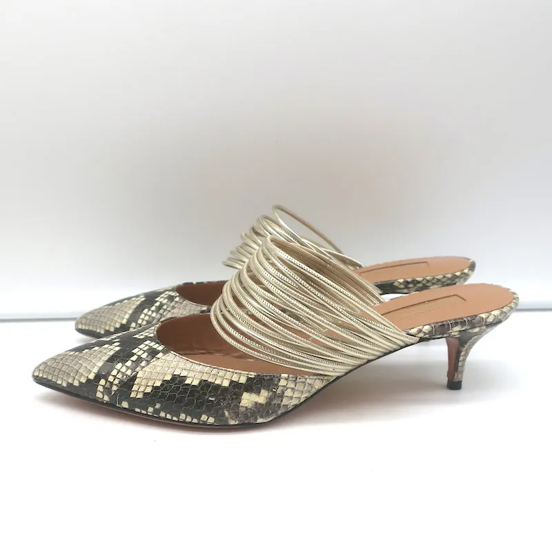 Aquazzura Rendez Vous Mules à petit talon en peau de serpent et cuir métallisé Taille 38.5