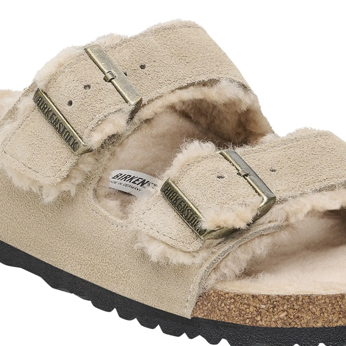 Birkenstock Femme Arizona en daim suédé taupe avec doublure en peau de mouton