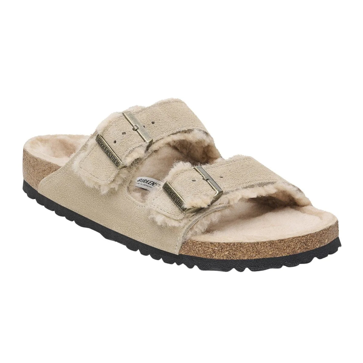 Birkenstock Femme Arizona en daim suédé taupe avec doublure en peau de mouton