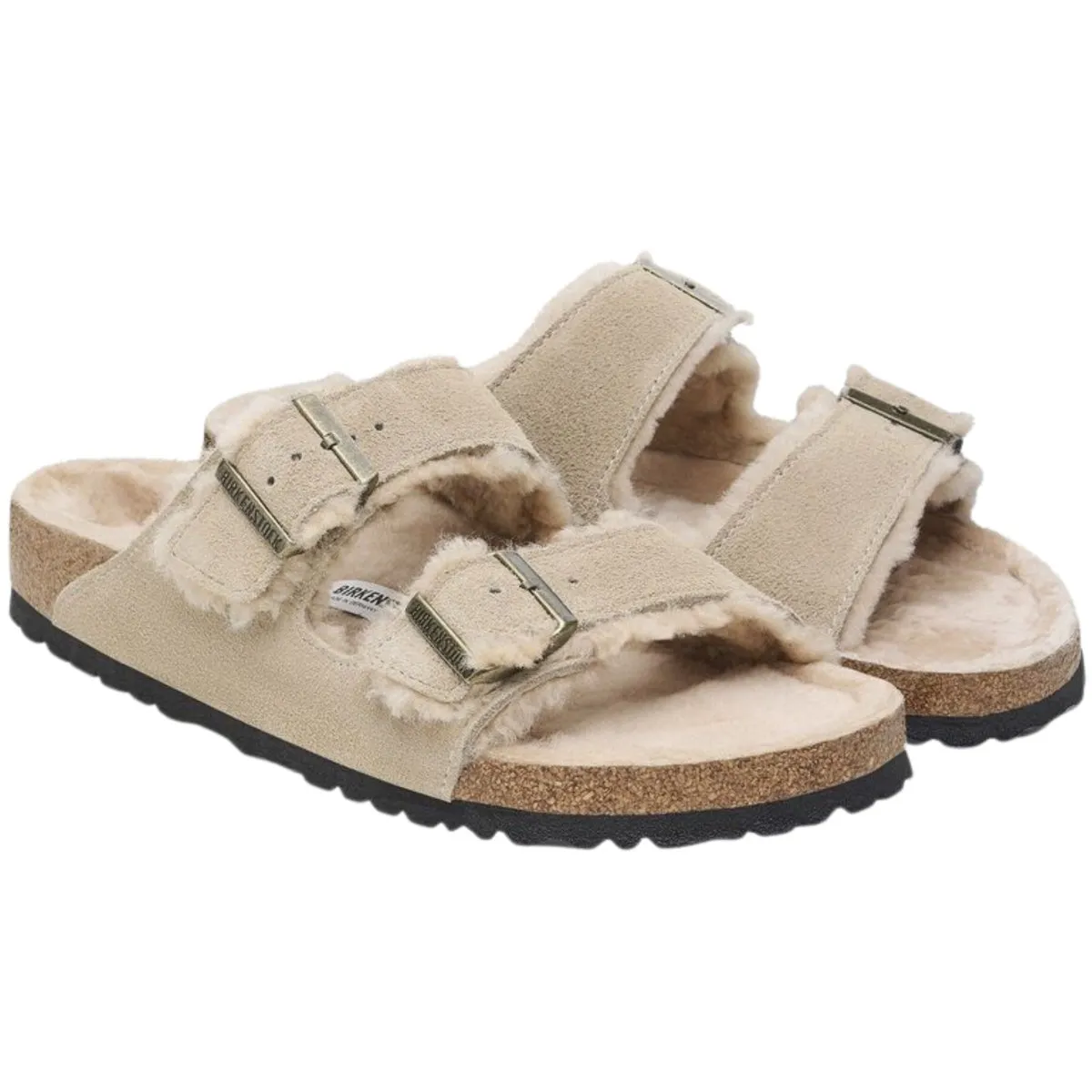 Birkenstock Femme Arizona en daim suédé taupe avec doublure en peau de mouton