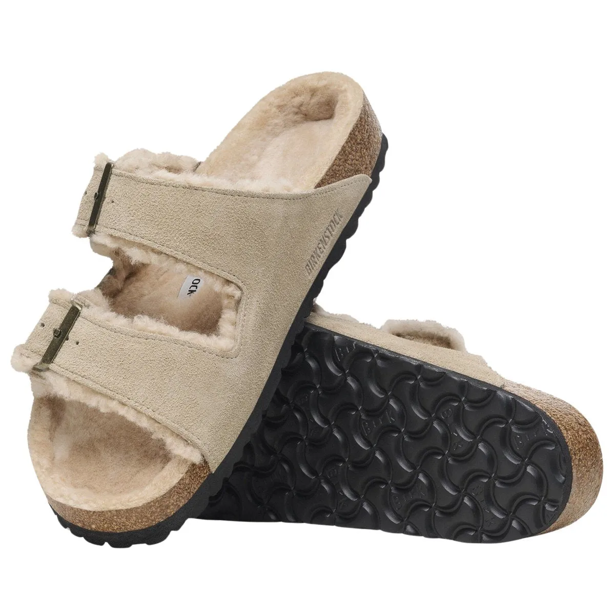 Birkenstock Femme Arizona en daim suédé taupe avec doublure en peau de mouton