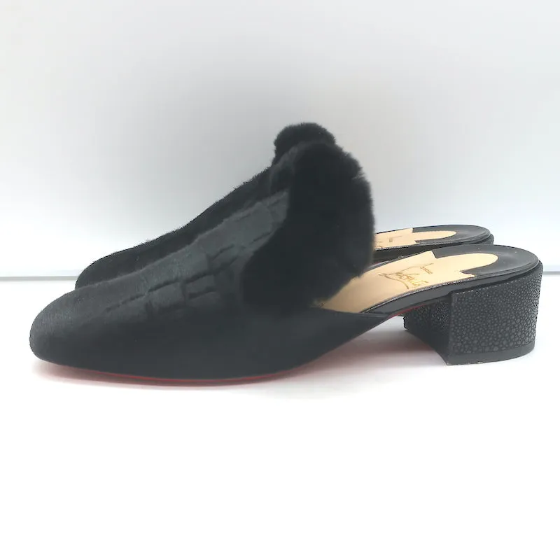 Christian Louboutin Boudiva Mules en Poil de Poney Noir avec Garniture en Fourrure de Lapin Taille 39
