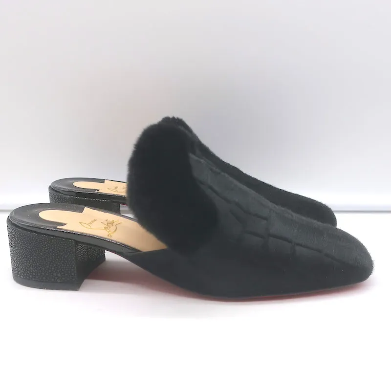 Christian Louboutin Boudiva Mules en Poil de Poney Noir avec Garniture en Fourrure de Lapin Taille 39