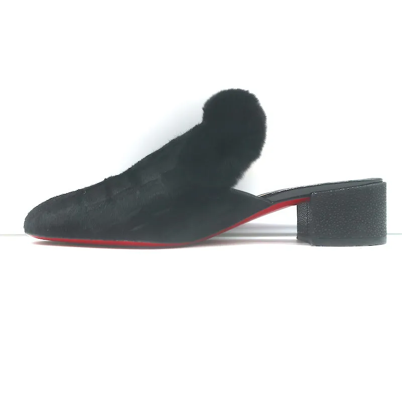 Christian Louboutin Boudiva Mules en Poil de Poney Noir avec Garniture en Fourrure de Lapin Taille 39