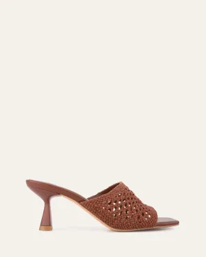 SANDALES JORDYN À TALON MOYEN EN TEXTILE COGNAC
