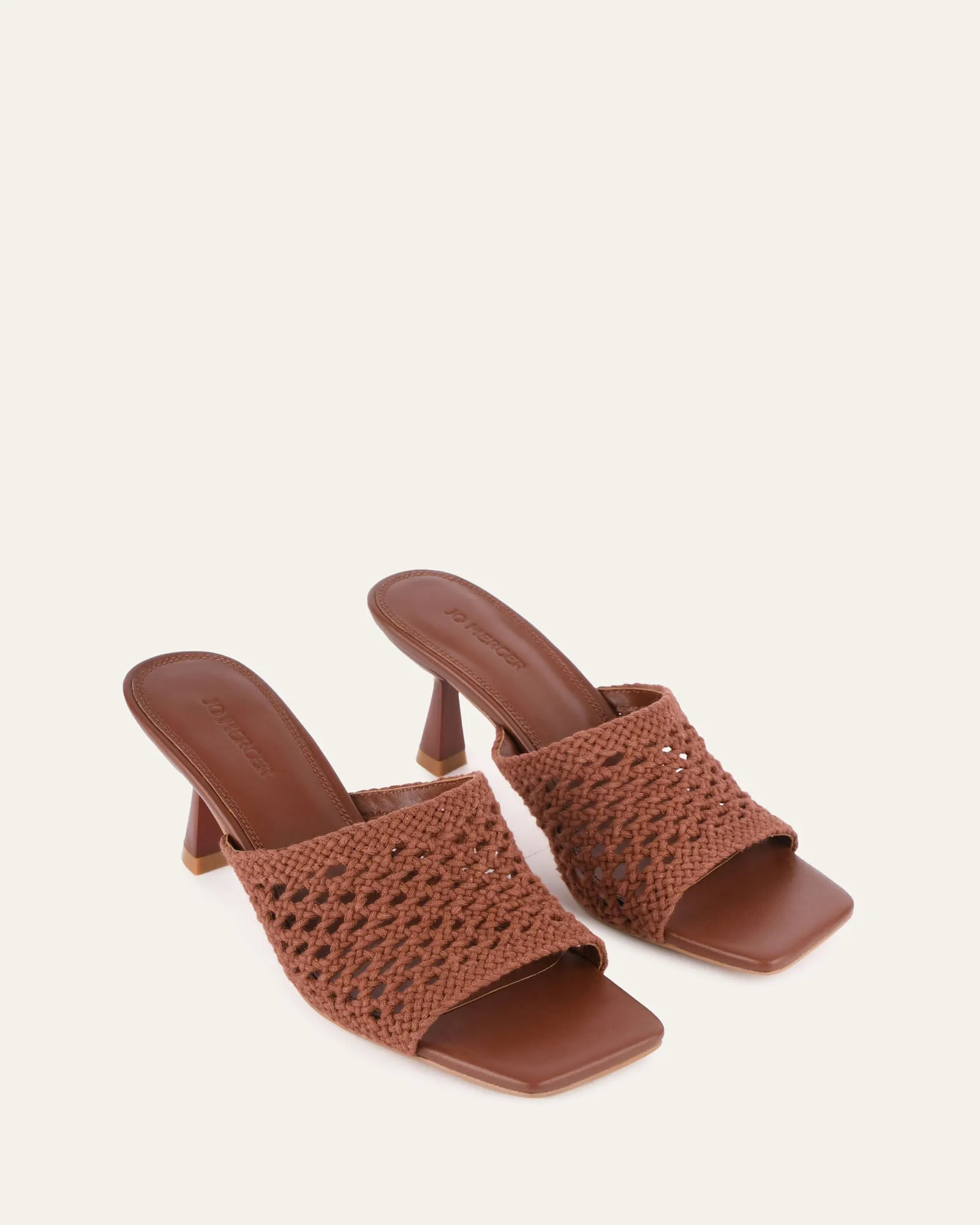 SANDALES JORDYN À TALON MOYEN EN TEXTILE COGNAC