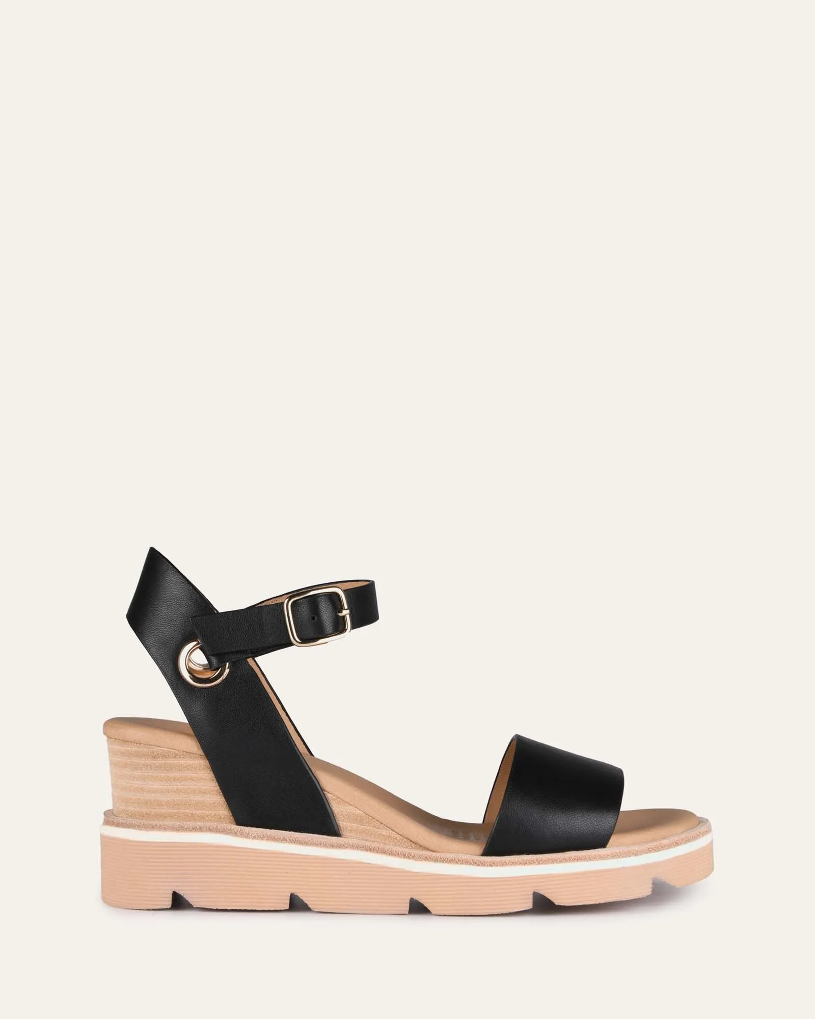 SANDALES KATIE À TALON MOYEN ET SEMELLE COMPENSÉE EN CUIR NOIR
