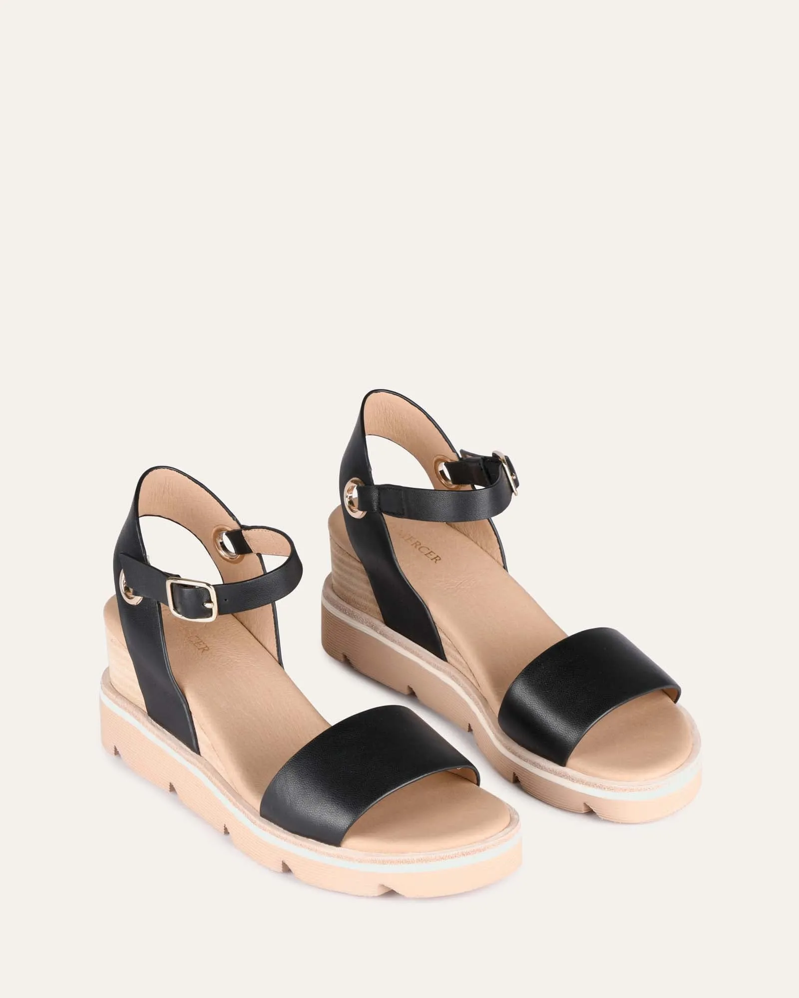SANDALES KATIE À TALON MOYEN ET SEMELLE COMPENSÉE EN CUIR NOIR
