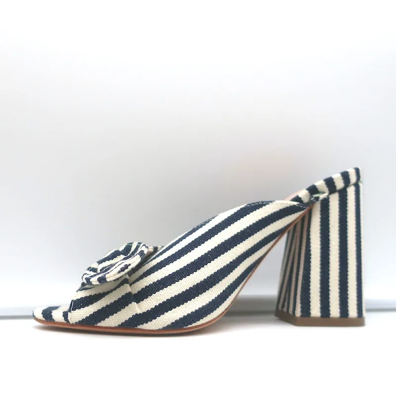Loeffler Randall Mules à Noeud Marine/Crème Rayé Toile Pointure 6 Sandales à Bout Ouvert