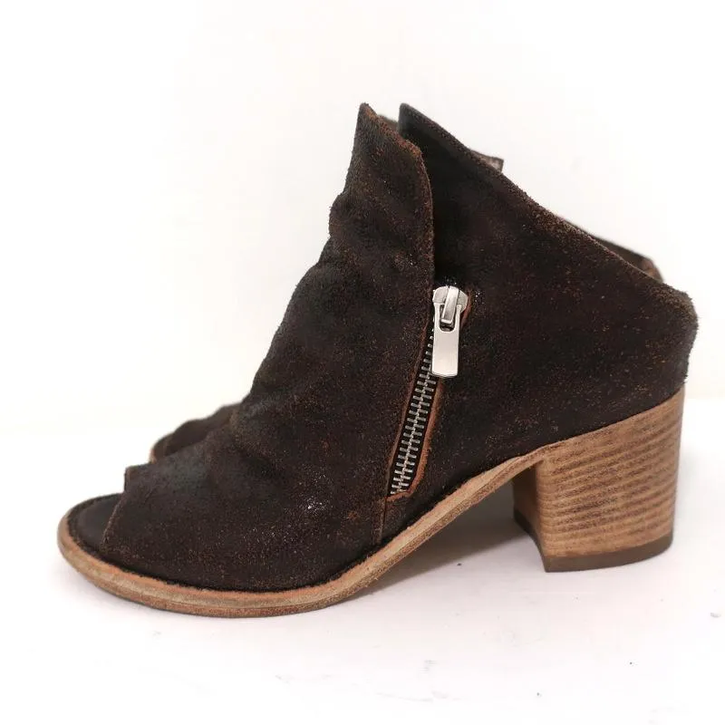 Officine Creative Mules Marron Foncé Cuir Craquelé Taille 36 Bout Ouvert Talon Moyen