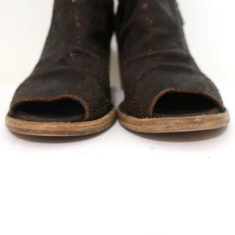 Officine Creative Mules Marron Foncé Cuir Craquelé Taille 36 Bout Ouvert Talon Moyen