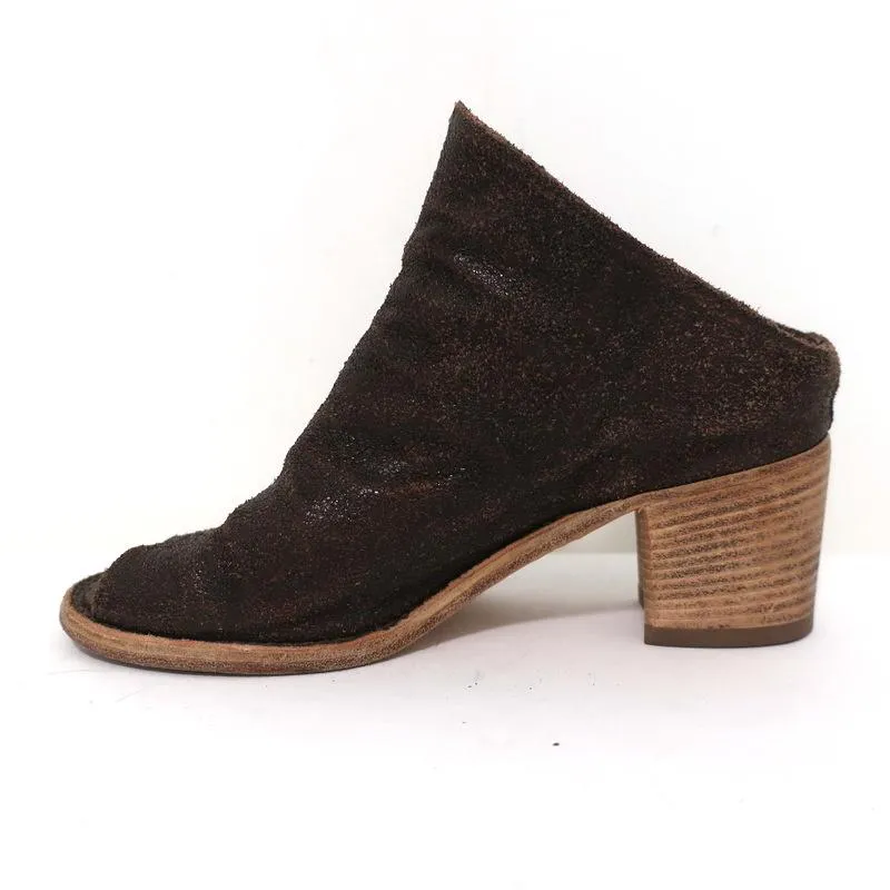 Officine Creative Mules Marron Foncé Cuir Craquelé Taille 36 Bout Ouvert Talon Moyen