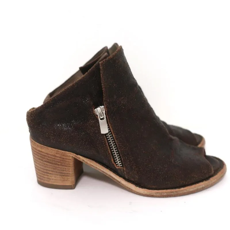 Officine Creative Mules Marron Foncé Cuir Craquelé Taille 36 Bout Ouvert Talon Moyen