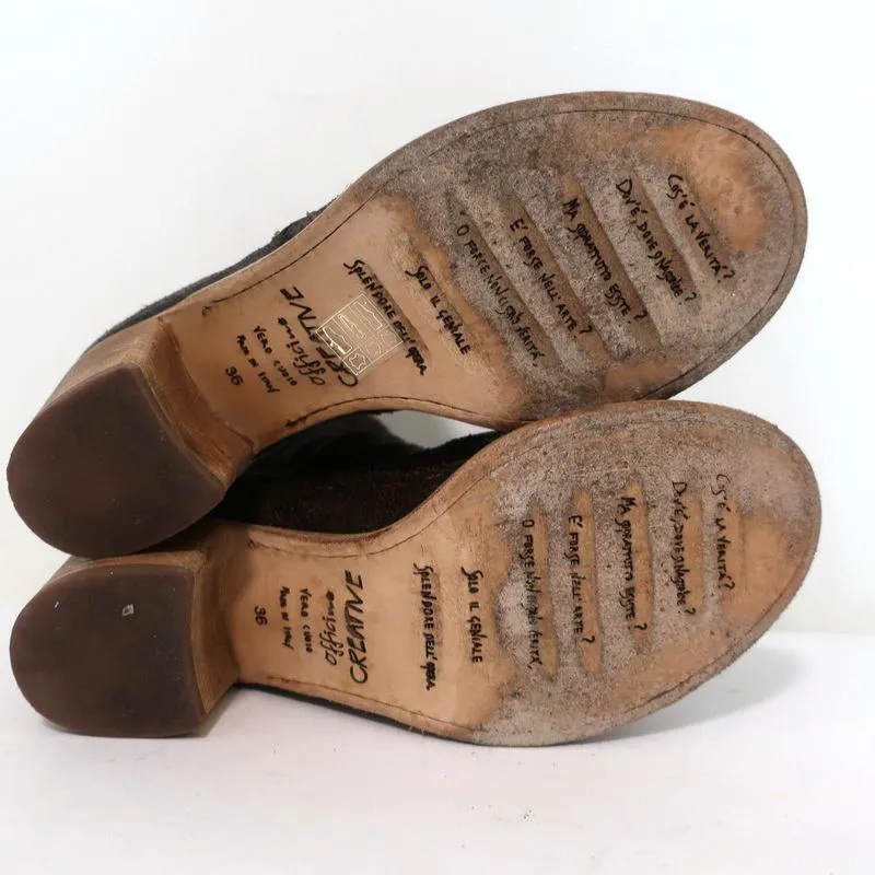 Officine Creative Mules Marron Foncé Cuir Craquelé Taille 36 Bout Ouvert Talon Moyen