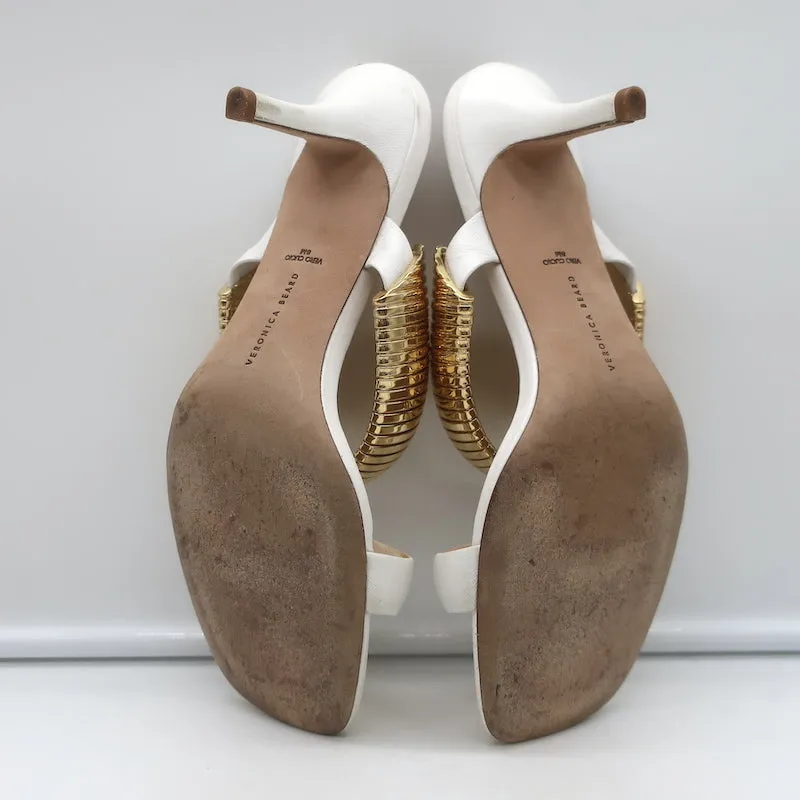 Veronica Beard Meena Mules à bride métallique en cuir crème taille 8 sandales ouvertes