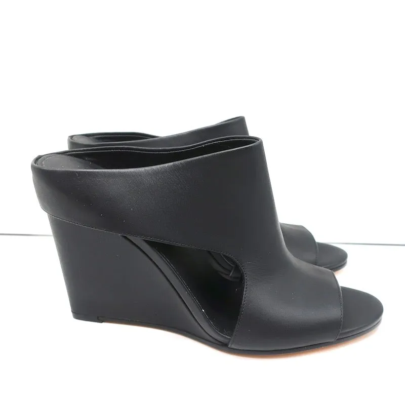 Mules Vince Cutout Wedge en cuir noir Kaya Taille 9 Sandales à bout ouvert NEUVE