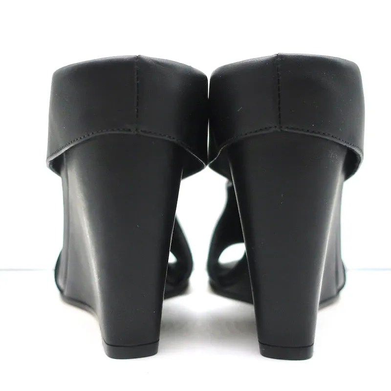 Mules Vince Cutout Wedge en cuir noir Kaya Taille 9 Sandales à bout ouvert NEUVE