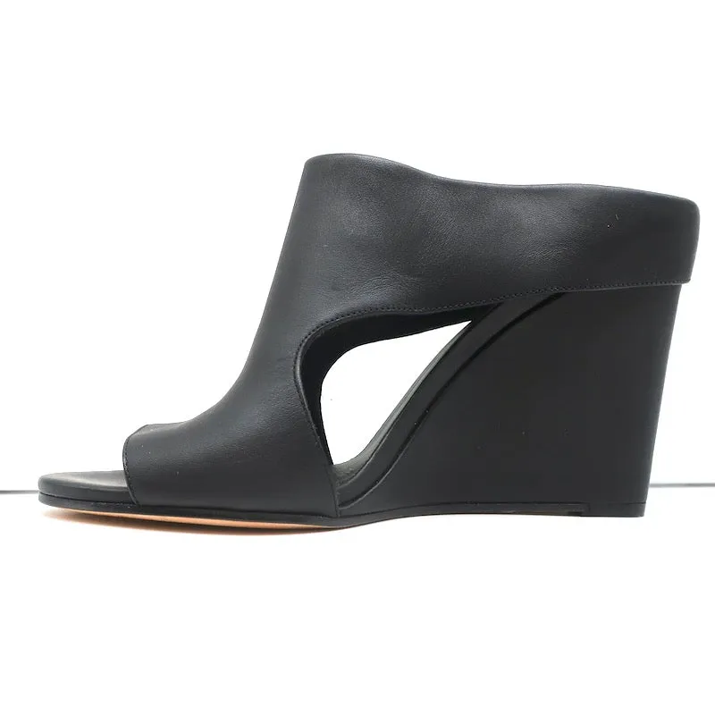 Mules Vince Cutout Wedge en cuir noir Kaya Taille 9 Sandales à bout ouvert NEUVE