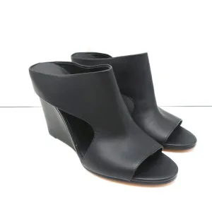 Mules Vince Cutout Wedge en cuir noir Kaya Taille 9 Sandales à bout ouvert NEUVE