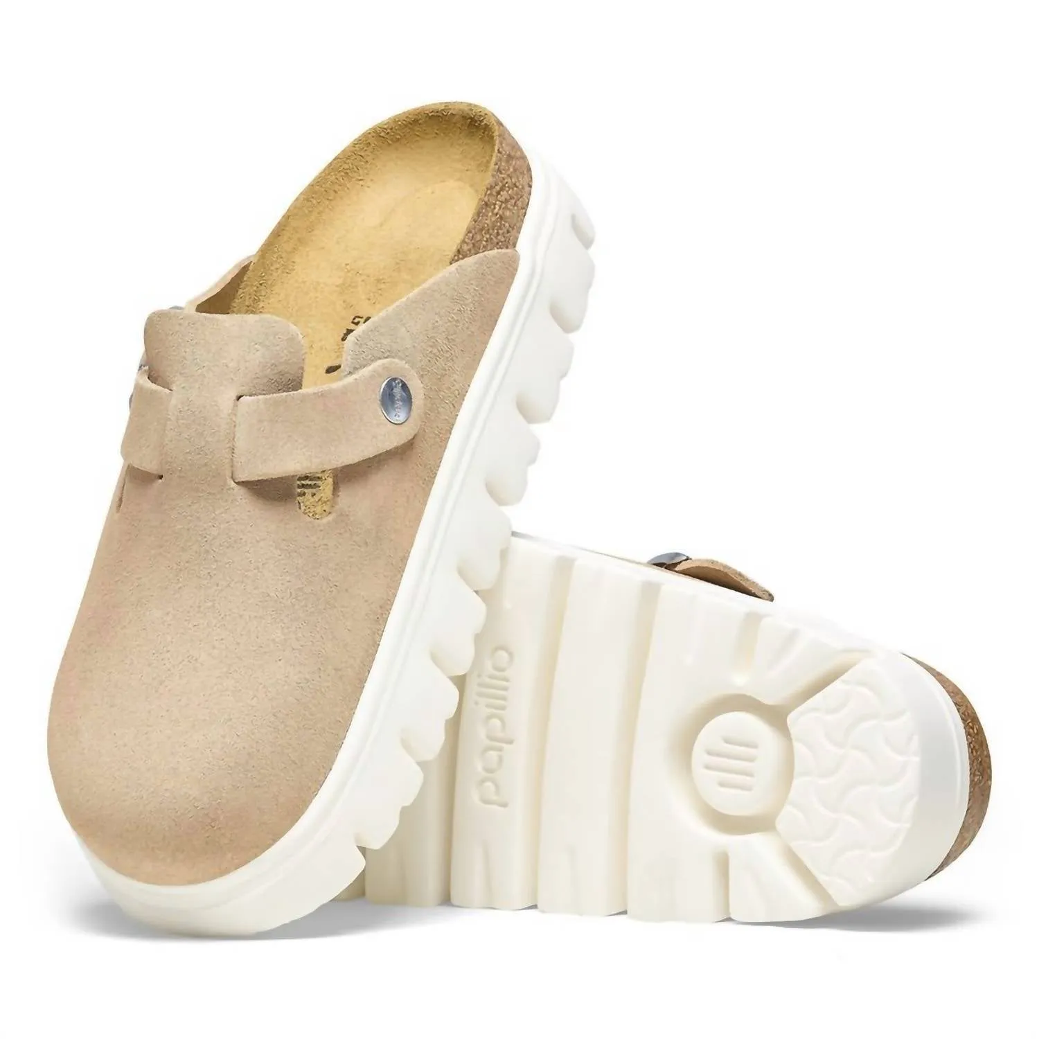 Clogue Boston pour femmes en daim épais et cuir, couleur Sable chaud